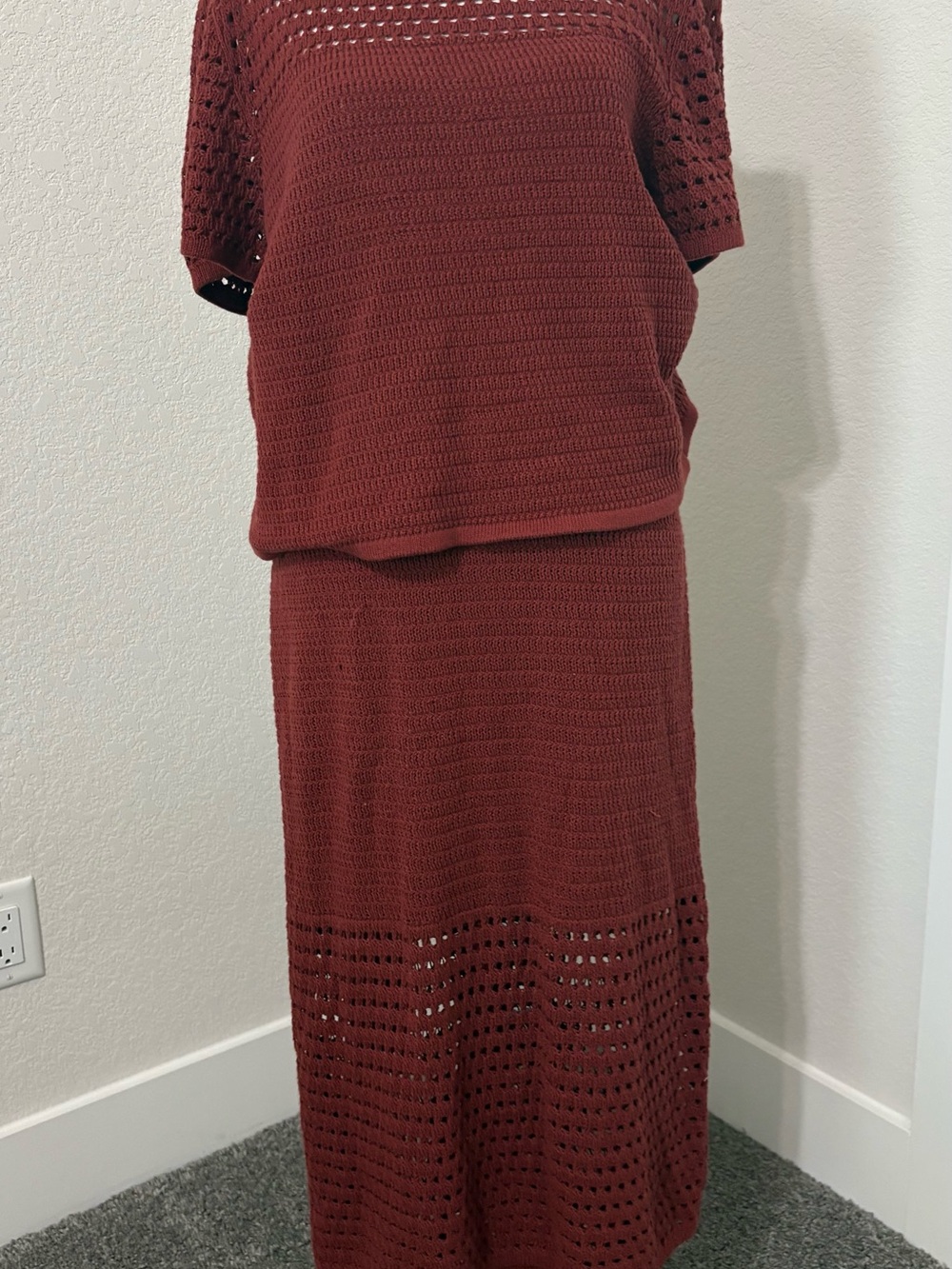 Nine West Brick Red Crocheted Top and Skirt Set